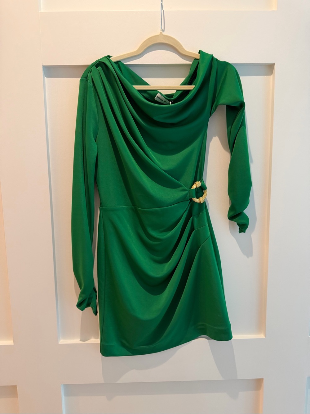 NWT Rebecca Vallance Green Long-Sleeve Draped Dress w/ Gold Ring- size AU 10/US6